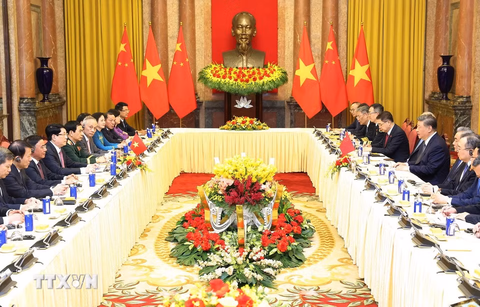 Chủ tịch nước Lương Cường hội đàm với Tổng Bí thư, Chủ tịch nước Trung Quốc Tập Cận Bình. (Ảnh: Lâm Khánh/TTXVN)