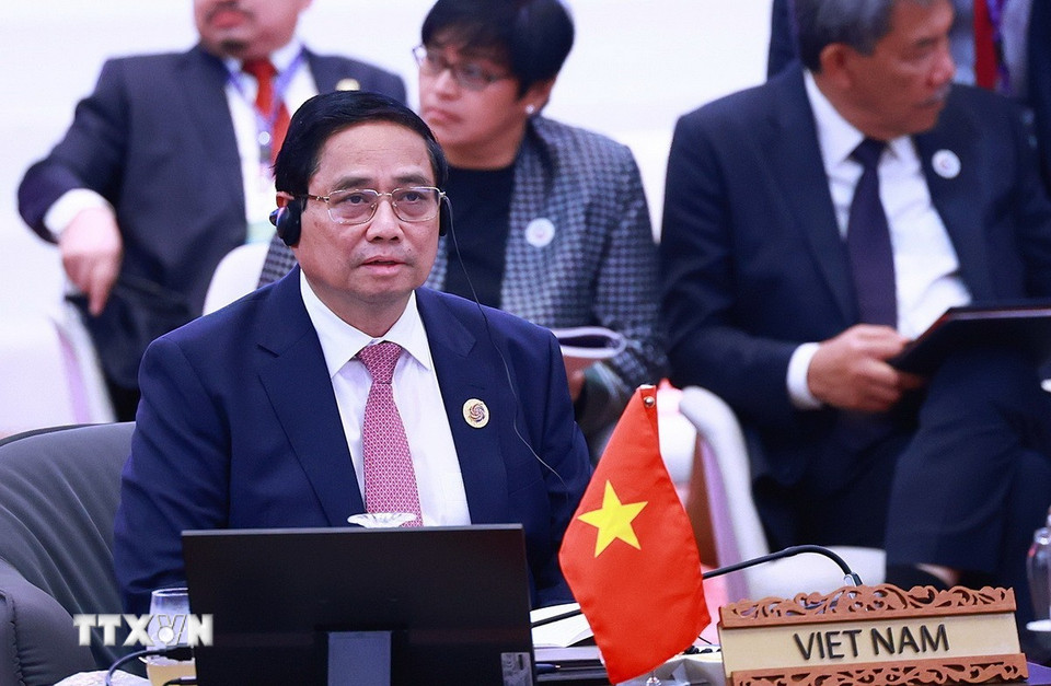 Thủ tướng Phạm Minh Chính dự và phát biểu tại phiên Đối thoại với đại diện Hội đồng liên Nghị viện ASEAN (AIPA). (Ảnh: Dương Giang/TTXVN)