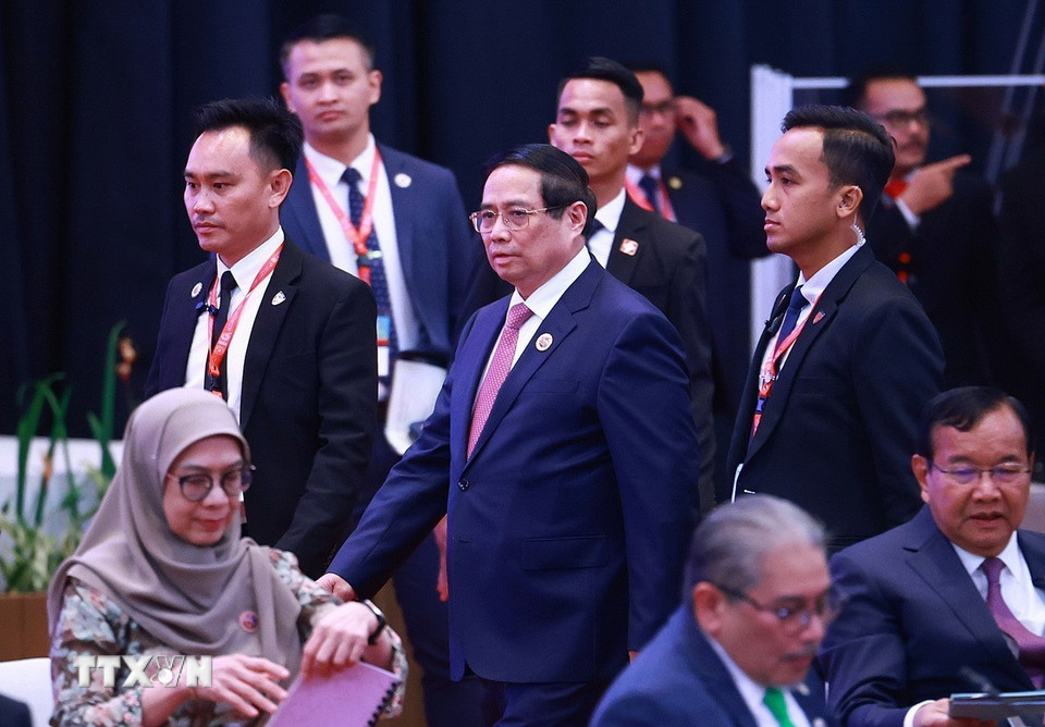 Thủ tướng Phạm Minh Chính đến dự phiên Đối thoại của lãnh đạo ASEAN với đại diện Hội đồng liên Nghị viện ASEAN (AIPA). (Ảnh: Dương Giang/TTXVN)