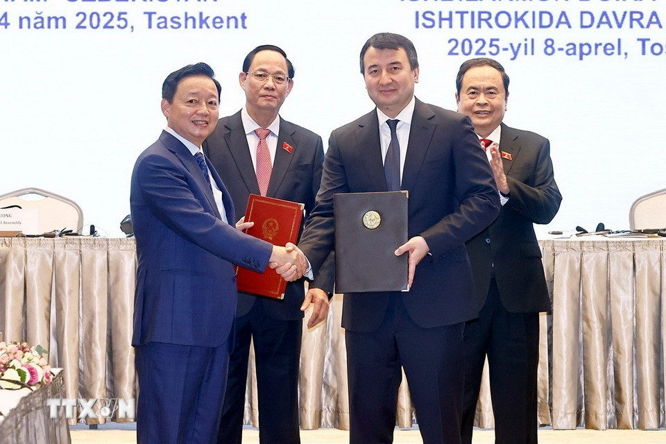 Chủ tịch Quốc hội Trần Thanh Mẫn chứng kiến Lễ trao các Thỏa thuận hợp tác. (Ảnh: Doãn Tấn/TTXVN)