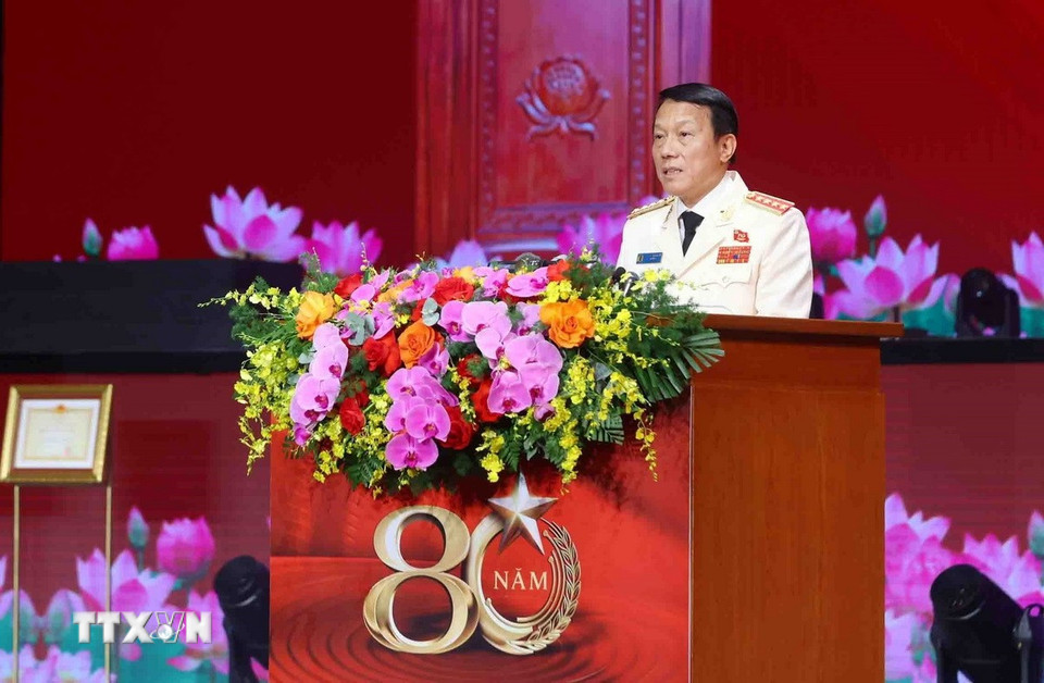 Đại tướng Lương Tam Quang, Ủy viên Bộ Chính trị, Bí thư Đảng ủy Công an Trung ương, Bộ trưởng Bộ Công an phát biểu. (Ảnh: Phạm Kiên/TTXVN)