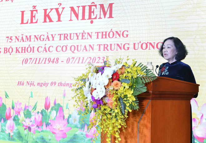 Thường trực Ban Bí thư Trương Thị Mai phát biểu. (Ảnh: Minh Đức/TTXVN) Xây dựng Đảng bộ Khối các cơ quan TW trong sạch và vững mạnh ảnh 1