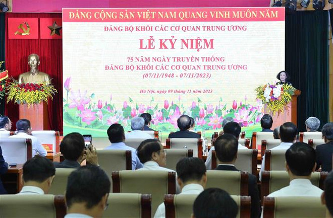 Thường trực Ban Bí thư Trương Thị Mai phát biểu. (Ảnh: Minh Đức/TTXVN) Xây dựng Đảng bộ Khối các cơ quan TW trong sạch và vững mạnh ảnh 2
