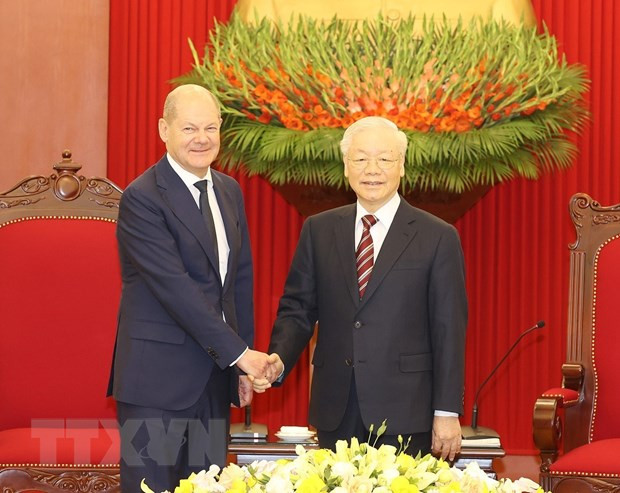 Tổng Bí thư Nguyễn Phú Trọng tiếp Thủ tướng Đức Olaf Scholz thăm chính thức Việt Nam. (Ảnh: Trí Dũng/TTXVN) Chính phủ Đức đánh giá cao hợp tác phát triển với Việt Nam ảnh 1