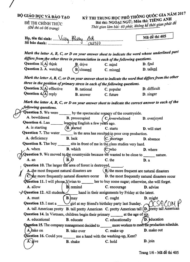 Đề thi, gợi ý giải đề môn Tiếng Anh kỳ thi THPT Quốc gia năm 2017 ảnh 2