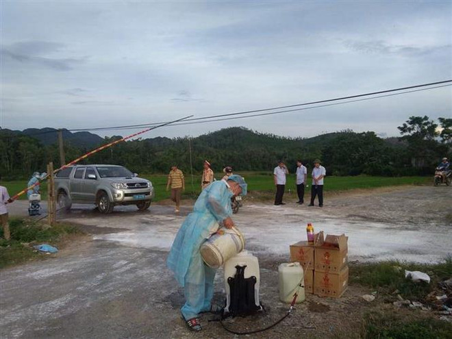 Lực lượng chức năng tỉnh Quảng Bình cắm chốt kiểm dịch tại địa bàn xã Xuân Hóa. (Ảnh: Văn Tý/TTXVN) Xuất hiện ổ dịch tả lợn châu Phi đầu tiên tại tỉnh Quảng Bình ảnh 1