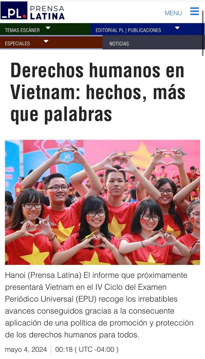 “Nhân quyền ở Việt Nam: sự thật hơn lời nói” là tiêu đề bài viết của Hãng Thông tấn Mỹ Latinh Prensa Latina đăng tải ngày 4/5/2024. (Ảnh: Mai Phương/TTXVN) ttxvn-nhan quyen.jpg