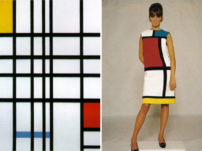 Bức tranh “Composition with Red, Yellow and Blue” (bên trái) của Piet Mondrian và mẫu thiết kế năm 1965 của Yves Saint Laurent. Tuyệt chiêu phối đồ color block nịnh mắt từ 5 fashionista hàng đầu ảnh 2