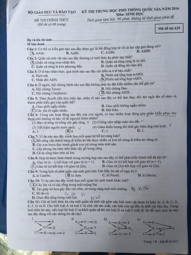 Đề thi chính thức môn Sinh học kỳ thi THPT Quốc gia 2016 ảnh 2