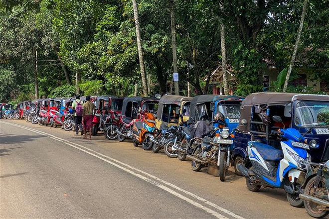 Các phương tiện xếp hàng chờ bơm xăng tại Pugoda, Sri Lanka. (Ảnh: AFP/TTXVN) Sri Lanka chật vật tìm cách thoát khỏi khủng hoảng kinh tế ảnh 1