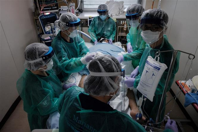 Nhân viên y tế điều trị cho bệnh nhân COVID-19 tại bệnh viện ở Yokohama, Nhật Bản. (Ảnh: AFP/TTXVN) Số ca nguy kịch tại Nhật Bản tăng cao kỷ lục ngày thứ 5 liên tiếp ảnh 1