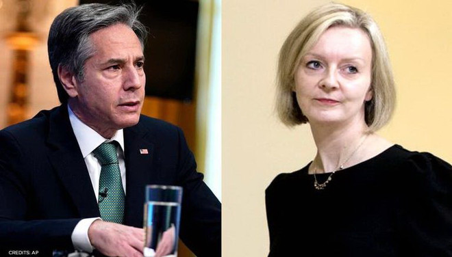 Ngoại trưởng Anh Liz Truss và người đồng cấp Mỹ Antony Blinken. (Nguồn: AP) Giới chức Anh và Mỹ khẳng định quan hệ đồng minh thân thiết ảnh 1
