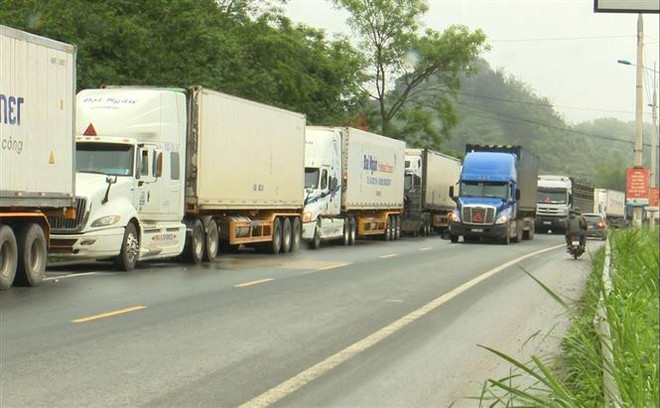 Xe nông sản ùn ứ dài trên Quốc lộ 1A khu vực thị trấn Đồng Đăng, Lạng Sơn. (Ảnh: Quang Duy/TTXVN) Bộ NN&PTNT khuyến cáo tạm dừng đưa hàng nông sản lên Lạng Sơn ảnh 2