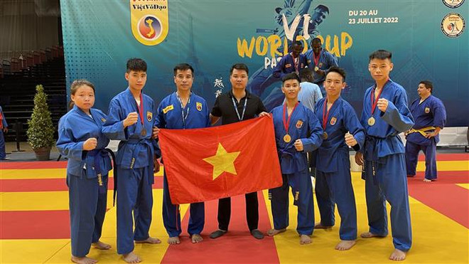 Đoàn Việt Nam trong lễ khai mạc vòng chung kết Giải vô địch thế giới Vovinam - Việt Võ Đạo. (Ảnh: Thu Hà/TTXVN) Sôi động giải vô địch thế giới Vovinam - Việt Võ Đạo tại Pháp ảnh 1