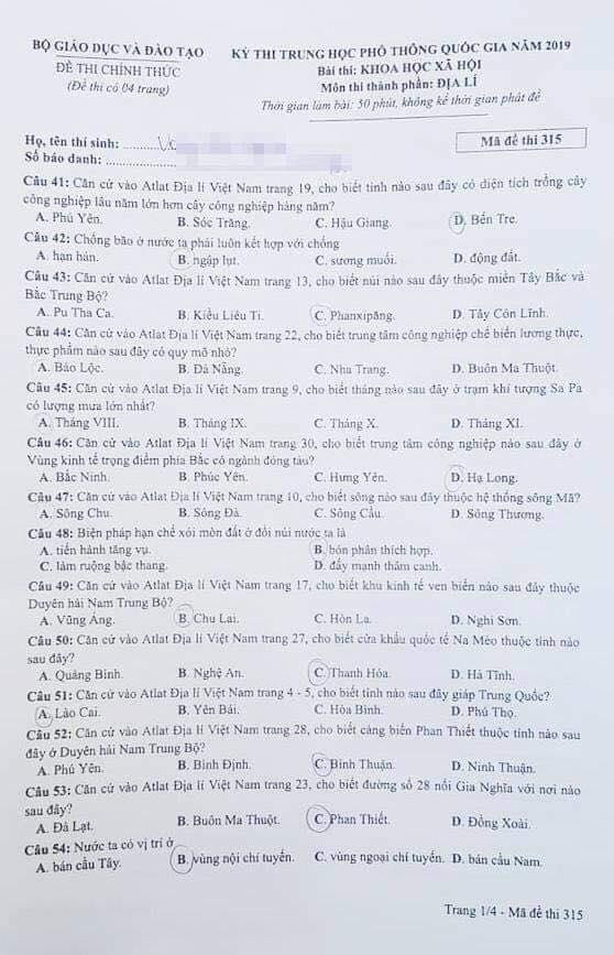 Thi Trung học phổ thông quốc gia 2019: Đề chính thức môn Địa lý ảnh 1