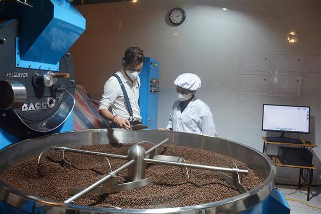 Rang xay càphê bằng phần mềm công nghệ tại một doanh nghiệp. (Ảnh: Hoài Thu/TTXVN) Doanh nghiệp hiến kế xử lý các vấn đề sau kiểm soát dịch COVID-19 ảnh 1
