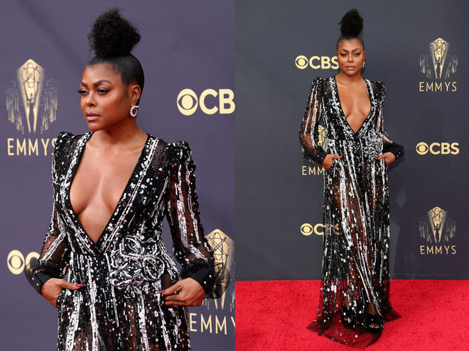 Nữ diễn viên Taraji P. Henson trong thiết kế đầm xẻ ngực đính sequin của Elie Saab. Sao Hollywwood phủ kín thảm đỏ Emmy với đồ may đo cao cấp ảnh 16
