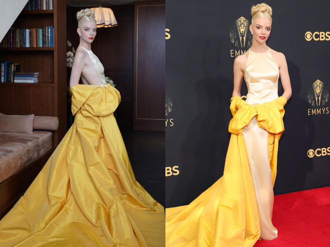 Nữ diễn viên ''The Queen’s Gambit'' Anya Taylor-Joy ''hớp hồn'' người hâm mộ khi diện thiết kế đấm lụa satin Haute Couture của Christian Dior phối cùng chiếc khăn choàng màu vàng canary vô cùng thanh lịch tại thảm đỏ Emmy năm nay. Sao Hollywwood phủ kín thảm đỏ Emmy với đồ may đo cao cấp ảnh 1