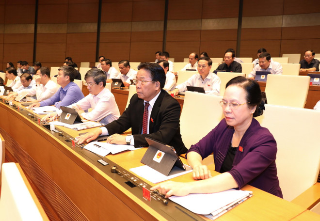 Các đại biểu Quốc hội biểu quyết thông qua Nghị quyết về kế hoạch phát triển kinh tế - xã hội năm 2020. (Ảnh: Lâm Khánh/TTXVN) Thông qua Nghị quyết về kế hoạch phát triển kinh tế-xã hội năm 2020 ảnh 1