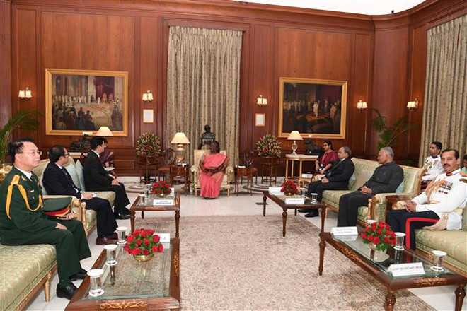 Lễ trình Quốc thư tại Phủ Tổng thống Rashtrapati Bhavan ở thủ đô New Delhi. (Ảnh: Ngọc Thúy/TTXVN) Ấn Độ bày tỏ mong muốn thúc đẩy hợp tác với Việt Nam ảnh 1