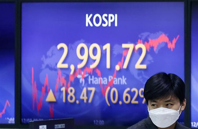 Bảng điện tử thông báo chỉ số KOSPI tăng điểm tại ngân hàng Hana ở Seoul, Hàn Quốc. (Ảnh minh họa. Yonhap/TTXVN) Chứng khoán châu Á đi lên trước khi Fed đưa ra quyết sách về lãi suất ảnh 1