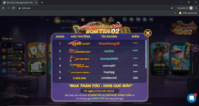 Đường dây B24.club treo thưởng cả ôtô cho con bạc. (Ảnh: PV/Vietnam+) Cảnh báo về trang web đánh bạc online trá hình mới kiểu RikVip ảnh 1