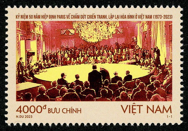 Mẫu tem “Kỷ niệm 50 năm Hiệp định Paris về chấm dứt chiến tranh, lập lại hòa bình ở Việt Nam (1973-2023)." Vietnam Post sắp phát hành bộ tem kỷ niệm 50 năm Hiệp định Paris ảnh 1