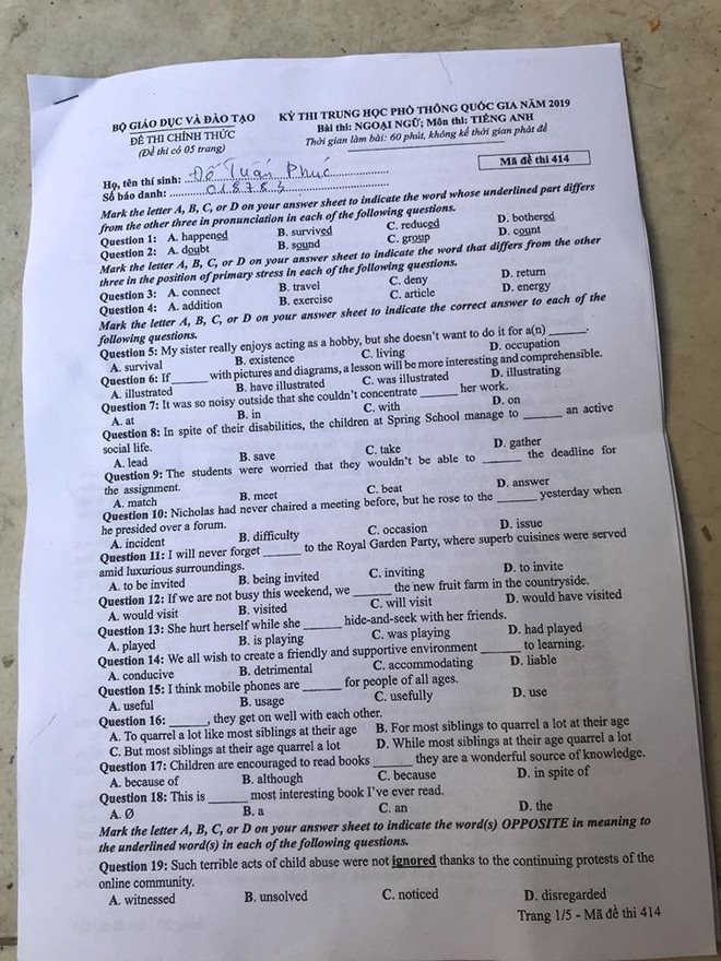Đề thi chính thức môn Tiếng Anh Trung học Phổ thông Quốc gia 2019 ảnh 1
