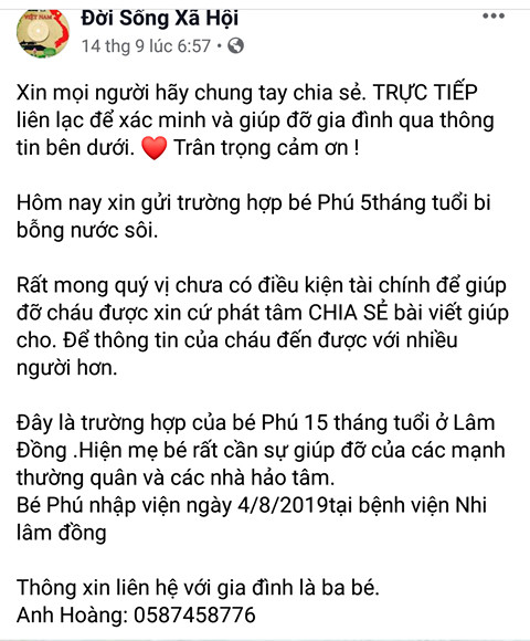 Một post kêu gọi có dùng lại số điện thoại cho một trường hợp đáng thương khác. (Ảnh chụp màn hình) Lừa đảo từ thiện trên Facebook: Khi cái ác khoác áo nhân văn ảnh 4