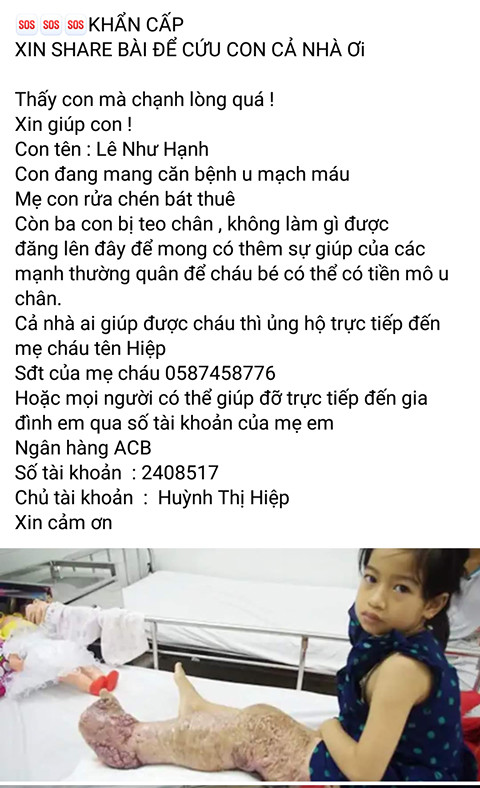 Post sử dụng hình ảnh của bé Loan với những thông tin sai lệch. (Ảnh chụp màn hình) Lừa đảo từ thiện trên Facebook: Khi cái ác khoác áo nhân văn ảnh 3