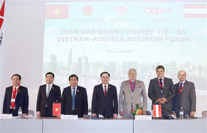 Chủ tịch Quốc hội Vương Đình Huệ và các đại biểu. (Ảnh: Doãn Tấn/TTXVN) Chủ tịch Quốc hội Vương Đình Huệ dự Diễn đàn doanh nghiệp Việt Nam-Áo ảnh 2