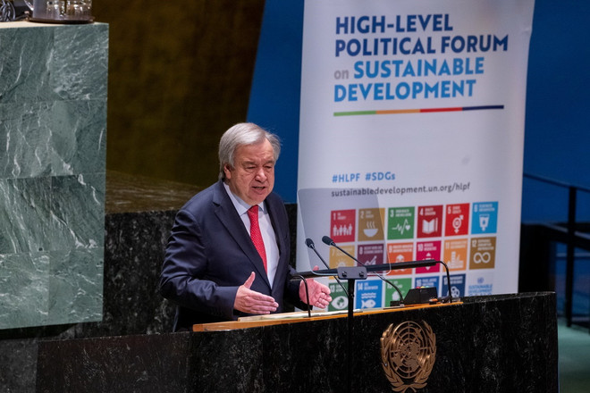 Tổng thư ký Liên hợp quốc Antonio Guterres phát biểu tại cuộc họp cấp bộ trưởng thuộc Diễn đàn Chính trị cấp cao về phát triển bền vững của Liên hợp quốc (HLPF) ở New York (Mỹ), ngày 17/7/2023. (Ảnh: THX/TTXVN) ttxvn-muc tieu phat trien ben vung.jpg
