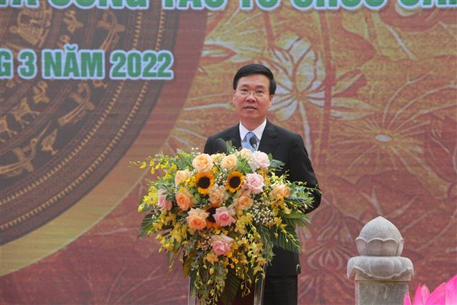 Ông Võ Văn Thưởng, Ủy viên Bộ Chính trị, Thường trực Ban Bí thư, phát biểu chỉ đạo tại buổi lễ. (Ảnh: Bích Huệ/TTXVN) "Tạo đột phá trong xây dựng môi trường văn hóa lành mạnh ở cơ sở" ảnh 3