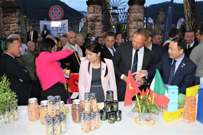 Đại sứ Việt Nam tại Italy Dương Hải Hưng giới thiệu sản phẩm với Bộ trưởng Bộ Nông nghiệp Italy Francesco Lollobrigida. (Ảnh: Thanh Hải/TTXVN) Việt Nam và Italy là đối tác quan trọng của nhau trong nông nghiệp ảnh 2