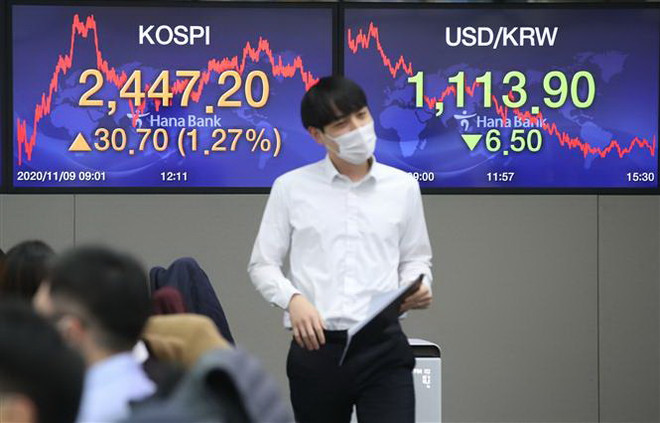 Bảng chỉ số chứng khoán tại Seoul, Hàn Quốc. (Ảnh minh họa. Yonhap/TTXVN) Nhà giao dịch “mắc kẹt”, chứng khoán Á-Âu giao dịch ngược chiều ảnh 1
