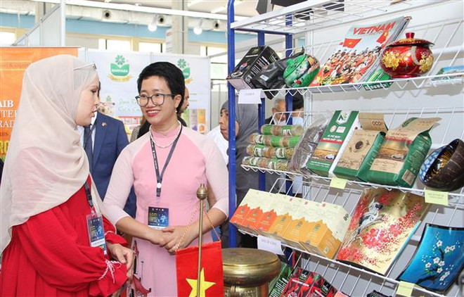 Một số sản phẩm, hàng hóa Việt Nam được trưng bày, giới thiệu đến khách tham quan tại gian hàng. (Ảnh: Trung Khán/TTXVN) Khách tham dự Hội chợ Quốc tế Algiers rất ấn tượng với hàng Việt Nam ảnh 1