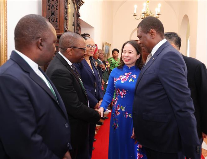 Phó Tổng thống Nam Phi Paul Mashatile giới thiệu với Phó Chủ tịch nước Võ Thị Ánh Xuân các đại biểu Nam Phi. (Ảnh: Lâm Khánh/TTXVN) Dấu mốc mới trong quan hệ giữa Việt Nam với Mozambique và Nam Phi ảnh 1