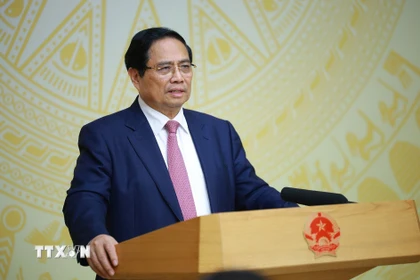 Thủ tướng Phạm Minh Chính kết luận Phiên họp lần thứ 28 của Ban Chỉ đạo chống khai thác hải sản bất hợp pháp. (Ảnh: Dương Giang/TTXVN)