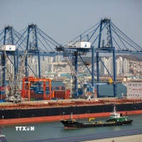 Quang cảnh cảng hàng hóa tại Busan, Hàn Quốc. (Ảnh: THX/TTXVN)