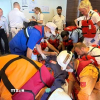 Lực lượng cứu hộ, cứu nạn trên biển tại Đà Nẵng hỗ trợ cấp cứu, đưa nạn nhân là người nước ngoài gặp nạn trên biển về bờ an toàn. (Ảnh: TTXVN phát)