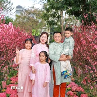 Người dân chụp ảnh lưu lại khoảnh khắc Xuân rực rỡ tại khu vực xung quanh Hồ Hoàn Kiếm. (Ảnh: Khánh Hòa/TTXVN)