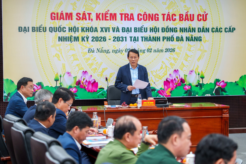 Đoàn giám sát, kiểm tra của Ủy ban Thường vụ Quốc hội và Hội đồng Bầu cử Quốc gia do Đại tướng Lương Tam Quang, Ủy viên Bộ Chính trị, Bộ trưởng Bộ Công an làm Trưởng đoàn làm việc với Ủy ban Bầu cử thành phố Đà Nẵng. (Ảnh: Thanh Phong/Vietnam+)