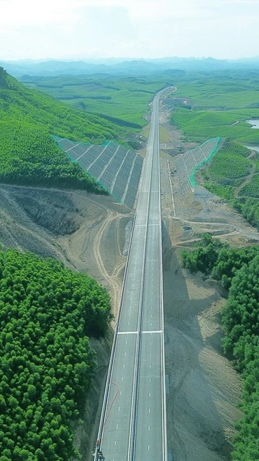 Cao tốc Vạn Ninh-Cam Lộ xuyên qua cánh rừng. (Ảnh: Quốc Khánh/TTXVN)