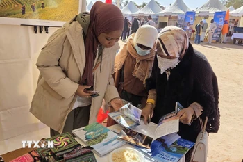 Du khách Algeria xem các ấn phẩm du lịch của Việt Nam tại lễ hội. (Ảnh: Mạnh Hùng/TTXVN)
