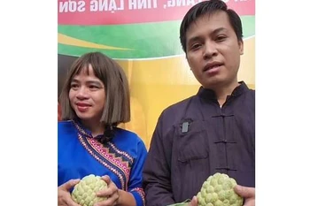 Chủ tịch Ủy ban Nhân dân xã Chi Lăng Vi Thiện Việt và Tiktoker Cô Hến đã livestream trực tiếp kết hợp trực tuyến giới thiệu, quảng bá, bán na. (Nguồn: Facebook Hài Cô Hến)