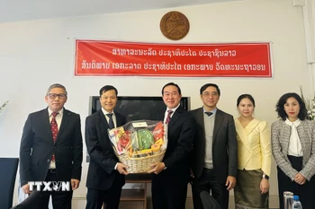 Đại sứ Daovy Vongxay (Trưởng Phái đoàn đại diện thường trực Lào tại Geneva) và Công sứ Cung Đức Hân (Phó Trưởng Phái đoàn đại diện thường trực Việt Nam tại Geneva). (Nguồn: TTXVN phát)