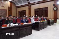 Các đại biểu biểu quyết thông qua Nghị quyết của kỳ họp. (Ảnh: Thanh Tuấn/TTXVN)