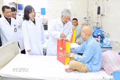 Chủ tịch Ủy ban Trung ương Mặt trận Tổ quốc Việt Nam Đỗ Văn Chiến và Bộ trưởng Bộ Y tế Đào Hồng Lan trao quà, động viên bệnh nhi điều trị tại Bệnh viện K. (Ảnh: Minh Đức/TTXVN)
