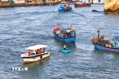 Đồn Biên phòng Cầu Bóng và lực lượng, phương tiện cứu hộ, đồng thời huy động các tàu cá của ngư dân địa phương tham gia tìm kiếm. (Ảnh TTXVN phát)