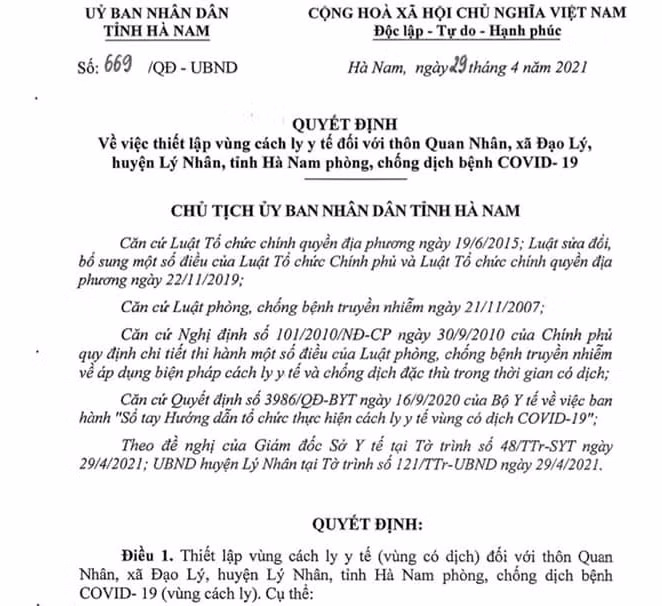 Hà Nam cách ly y tế toàn bộ khu vực có chùm ca bệnh COVID-19 ảnh 1